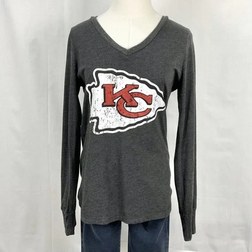 Womens KC Kansas City Chiefs Long Sleeve Grey T-Shirt Sz Lg